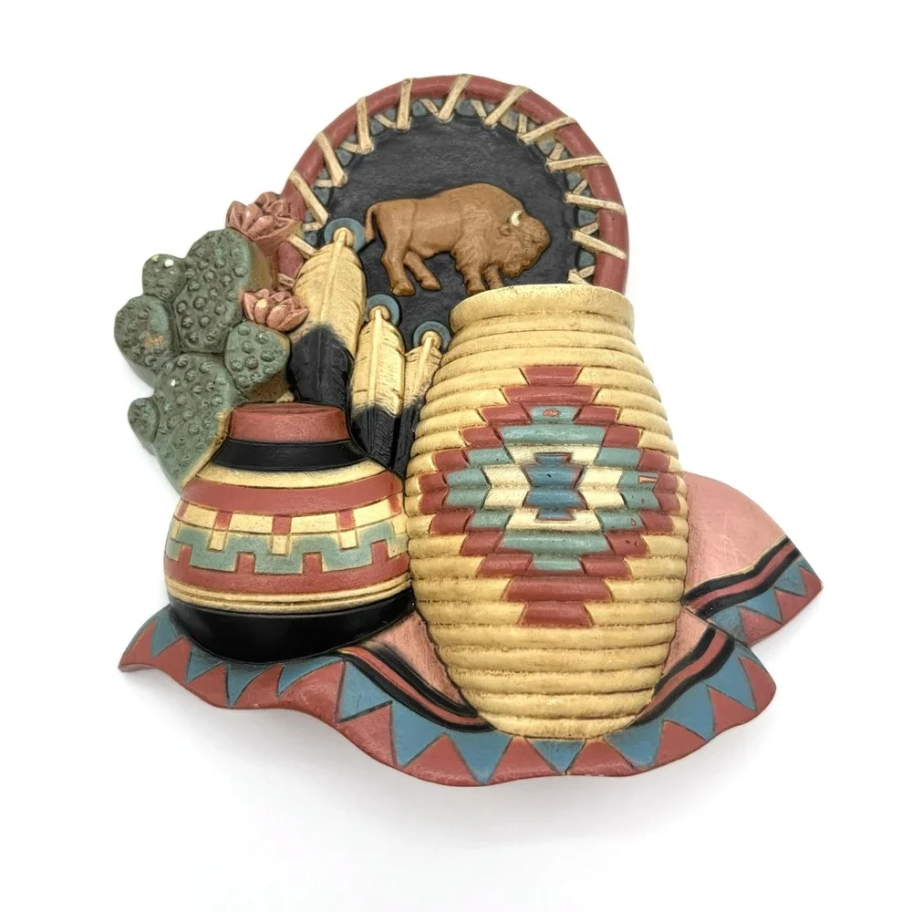 Vintage Home Interiors Southwestern Wall Decor Plaques Aztec Wolf Buffalo #3374